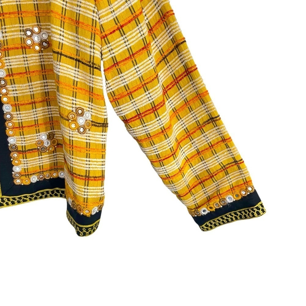 Alex Kim Vtg. Embellished Plaid Open Front Jacket Yellow, Black, Beaded Missy L - Picture 9 of 13